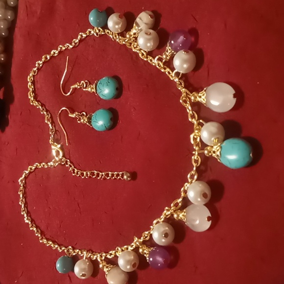 Necklace & earrings marble glass beaded gold tone .16+2 inches long nwt - Picture 3 of 10